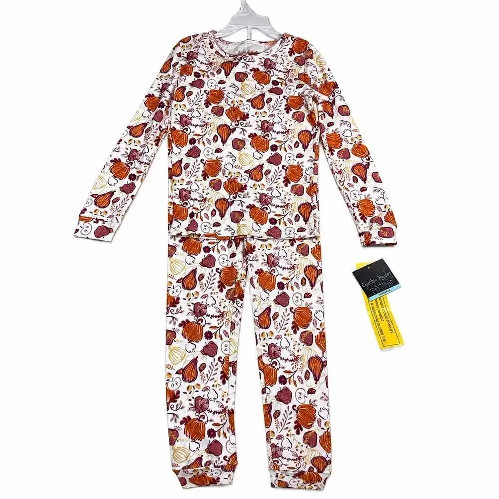 Cynthia Rowley Girls 2 Pc Pajama Set Size 7 Fall Pumpkins Apples 100% Cotton NWT